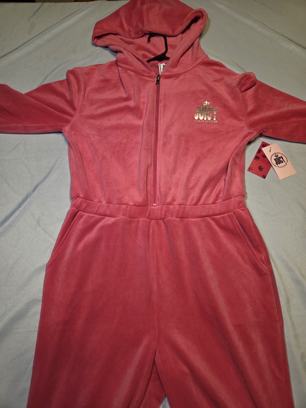 Juicy Couture Velour Jumpsuit Womens Medium Pink Zip Front Hooded Y2K NWT